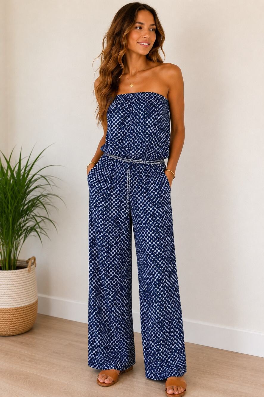 ZOA New York Strapless Wide Leg Jumpsuit Navy White Geometric Large